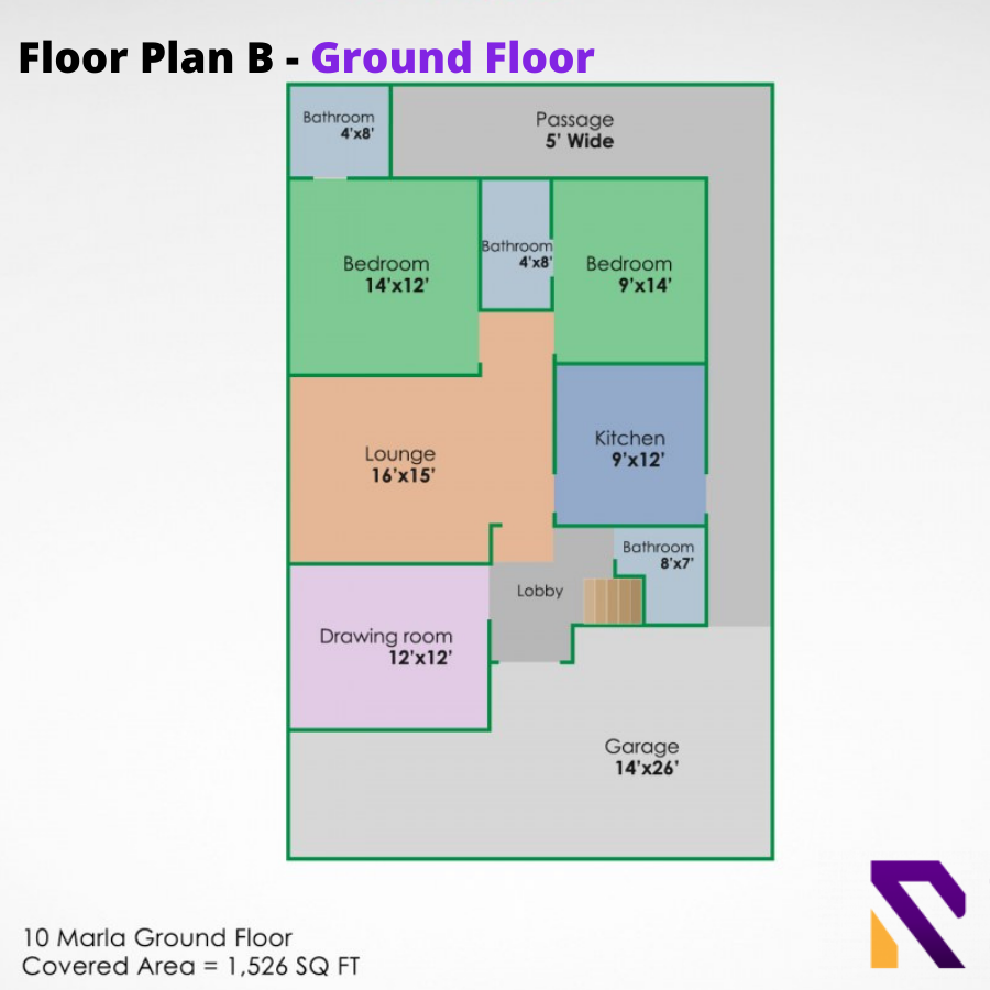 Floor Plan B for a 10 Marla Home – Ground Floor