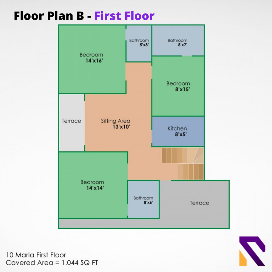 Floor Plan B for a 10 Marla Home – First Floor