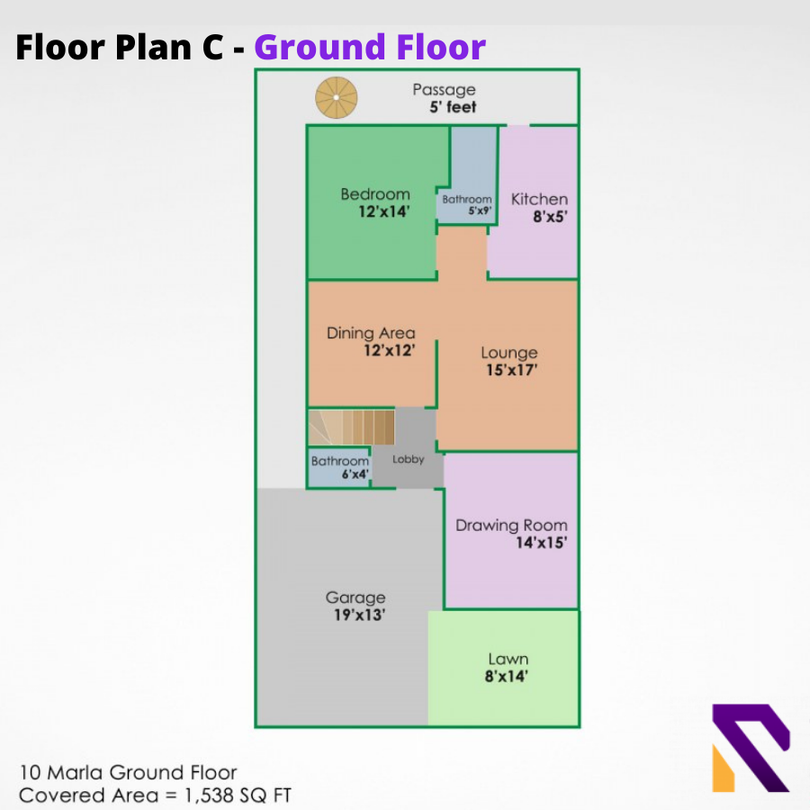 Floor Plan C for a 10 Marla Home – Ground Floor